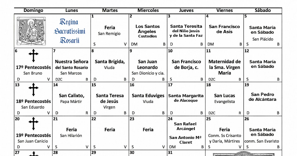 Prácticas de piedad y Devocionario Católico CALENDARIO CATÓLICO OCTUBRE DE 2019 Prácticas de piedad y Devocionario Católico CALENDARIO CATÓLICO OCTUBRE DE 2019