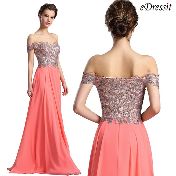coral prom dress with off the shoulder style