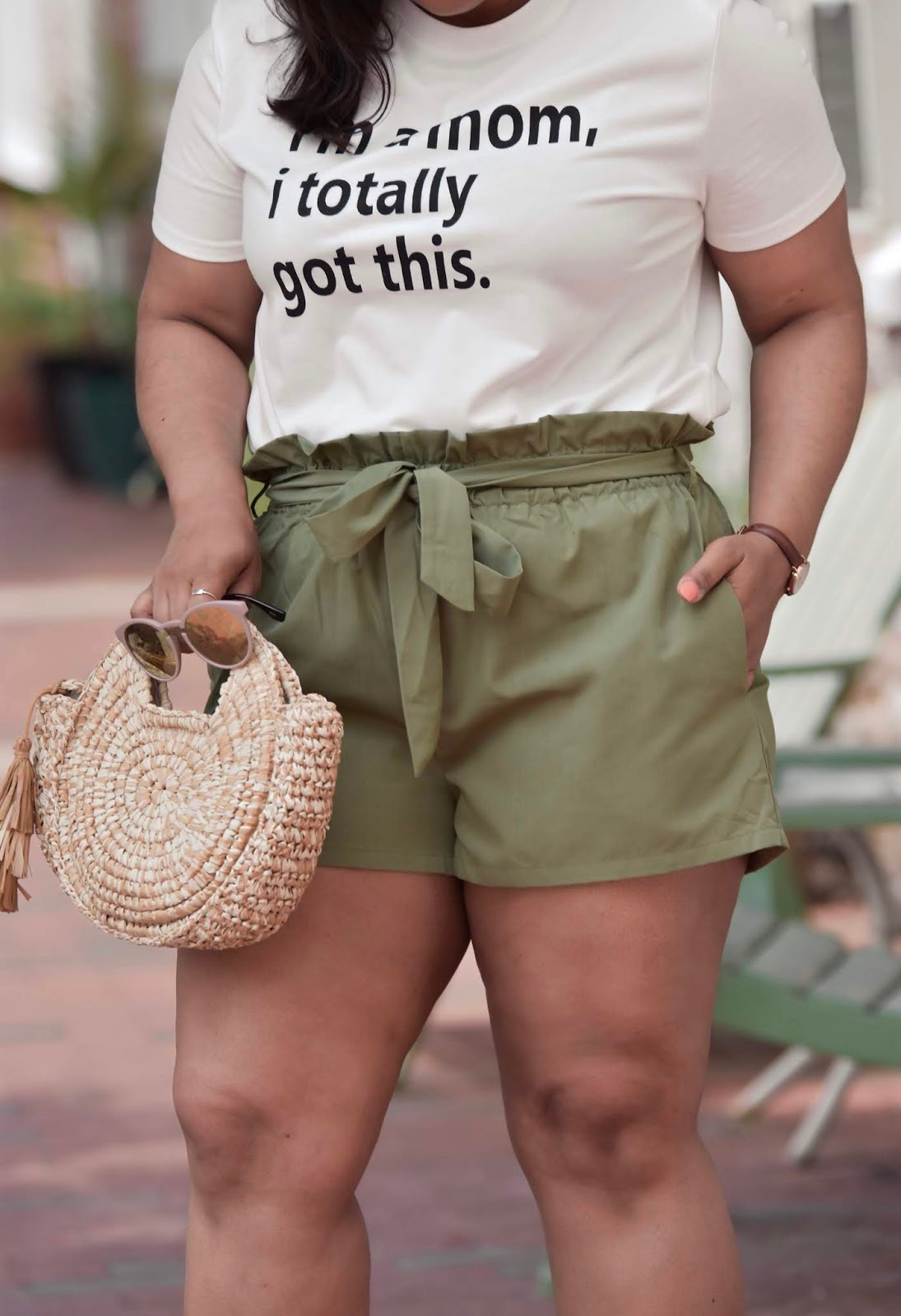 mom blogger, motherhhod, shein, shein outfits, graphic tee, fashionable mom, easy mom looks, summer outfit ideas, paperbag shorts.