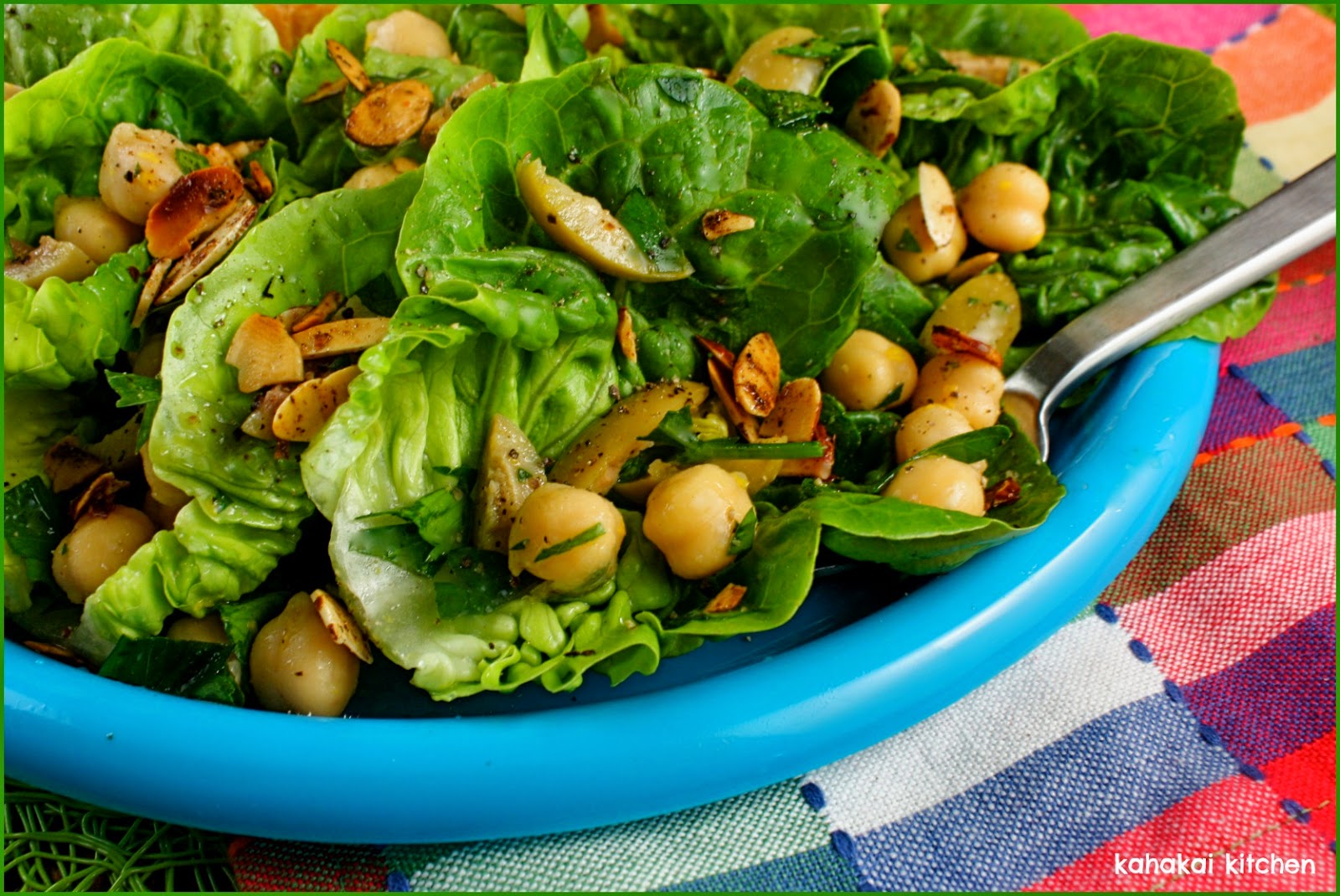 Kahakai Kitchen: A Spring Salad of Baby Lettuce, Green Olives and Lemon Oil  (with Chickpeas & Spiced Almonds)
