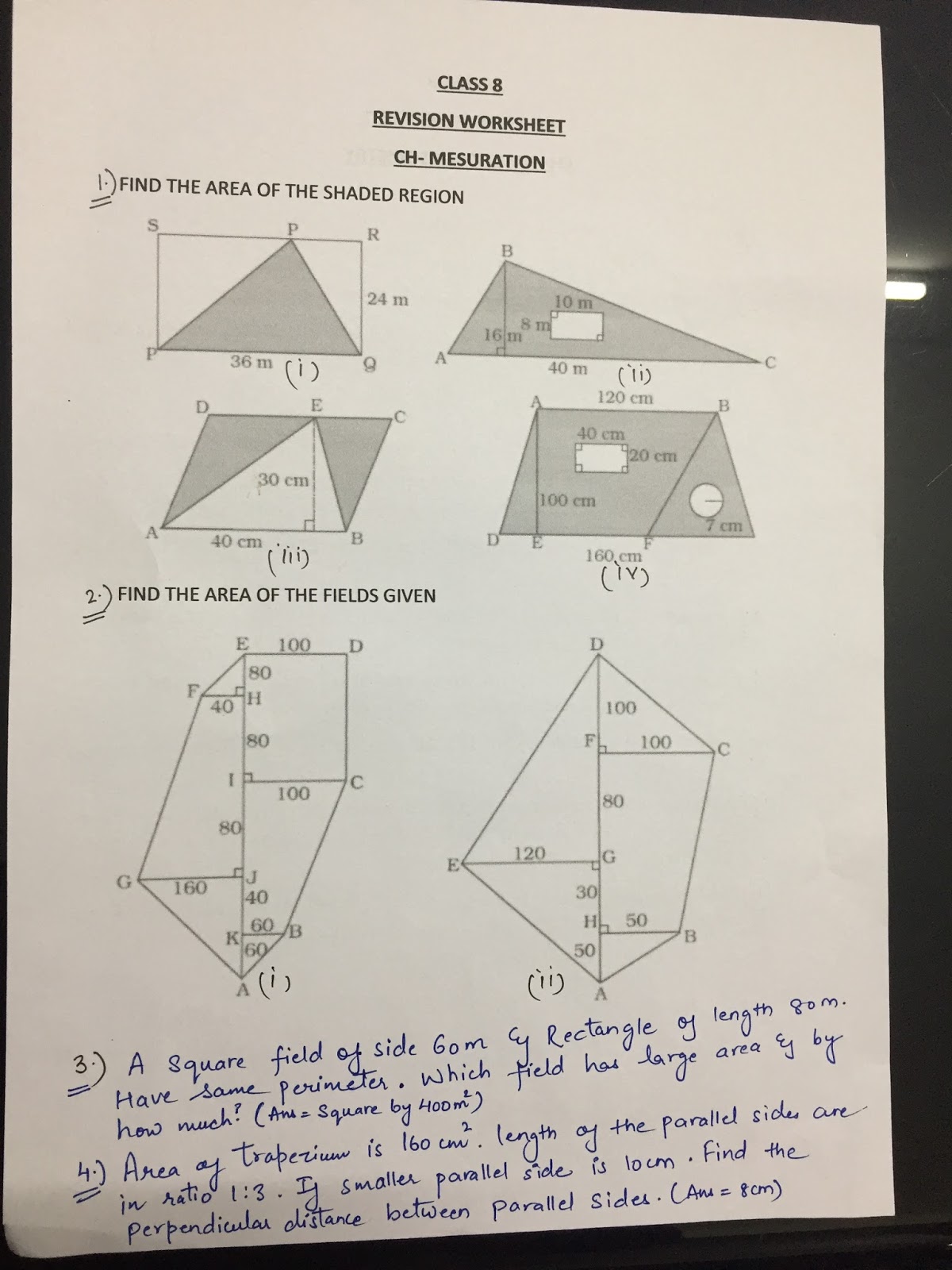 assignment of mensuration for class 8