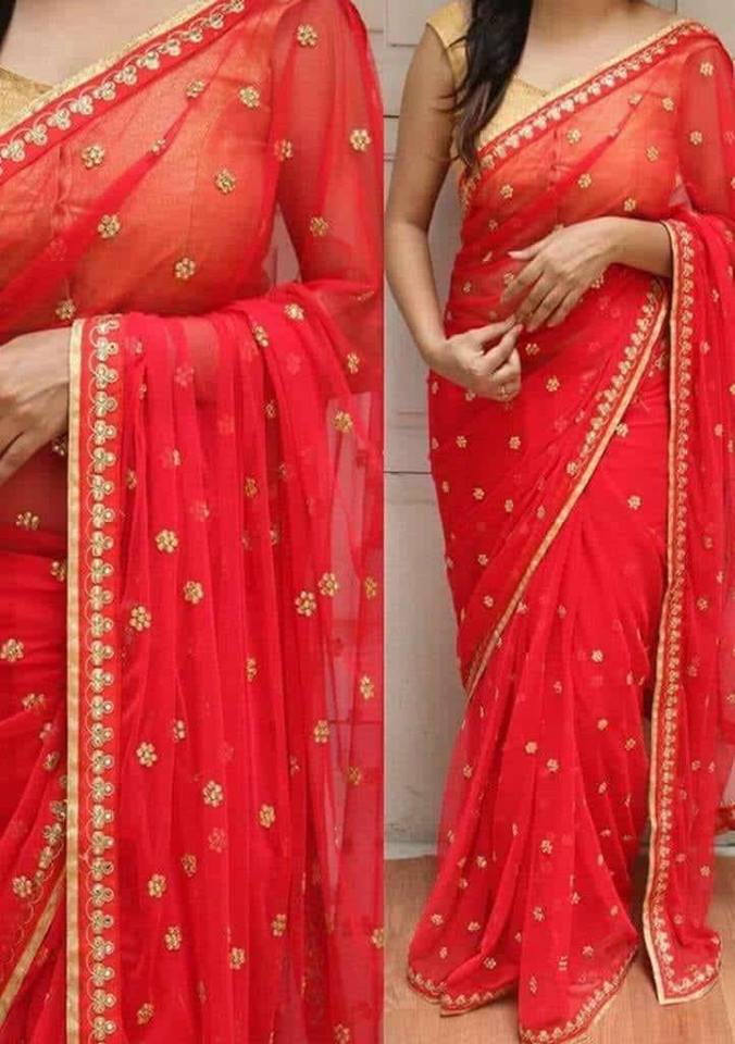Red Embroidered Saree with Blouse for Women Saree Shopping