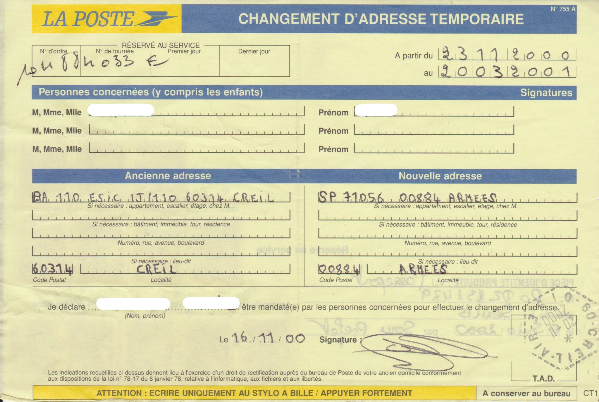 Réexpédition Définitive Du Courrier En Cas De Décès LA POSTE AUX ARMEES: Les ordres de réexpédition N° 755 A et 755 B