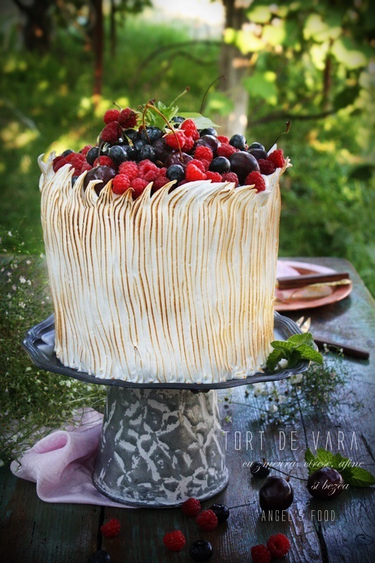 Tort de vara cu zmeura, cirese, afine si bezea
