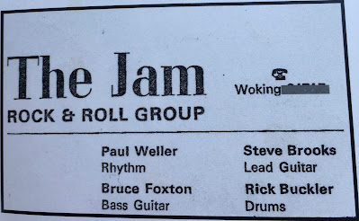 The 1974 line up of The Jam printed on a business card