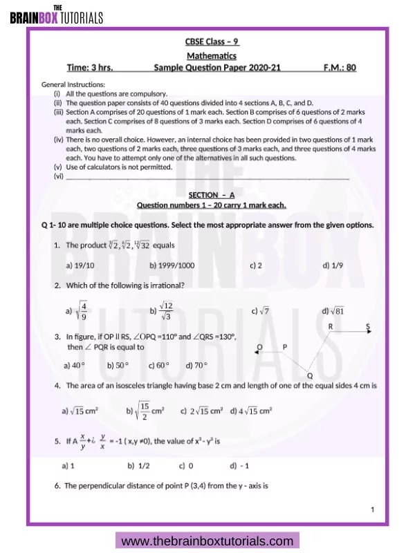 9th class question paper maths