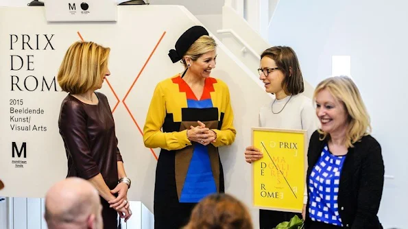 Queen Maxima attends the Prix de Rome award ceremony in the Appel Arts Centre. Queen Maxima wore Spijkers en Spijkers Grasshopper Multi Colour Dress