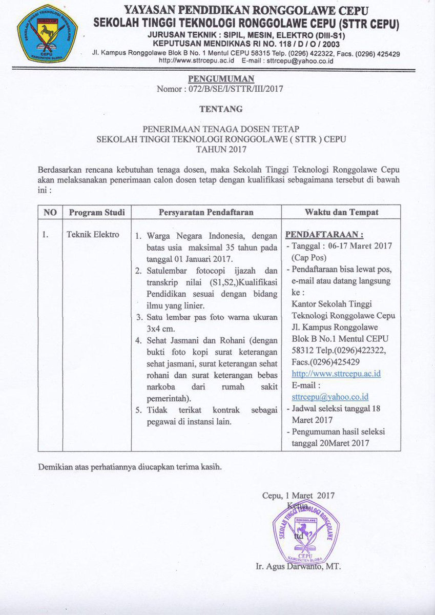 Lowongan Dosen STTR Cepu Blora Terbaru 2017, Mau Daftar
