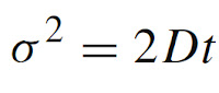 A mathematical expression relating the variance in space to time and the diffusion constant.