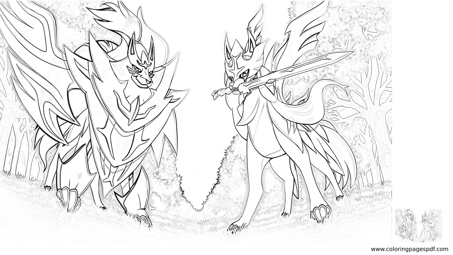 Coloring Page Of Zacian And Zamazenta In A Forest