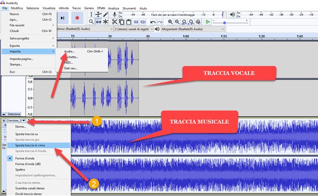 mixare audio vocale e musicale con audacity