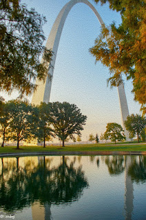 Gateway Arch and Trees Reflected in Water photo by mbgphoto
