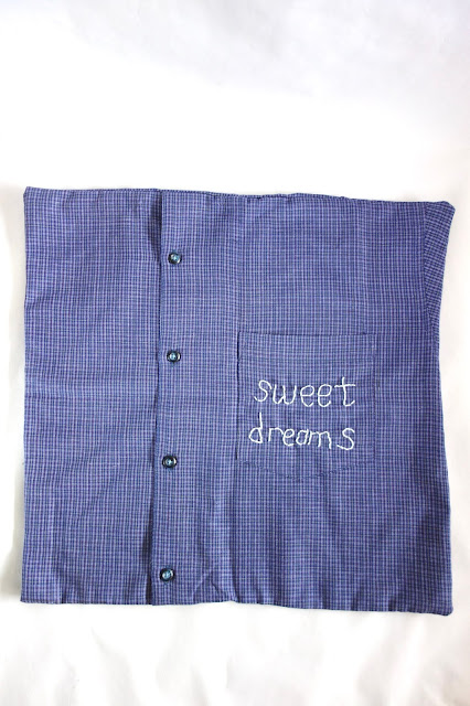 repurpose a button-down shirt, recycle a shirt, pillow cover, pillowcase, pillowcase tutorial, plaid shirt, fabric crafts, sewing crafts, blah to TADA, sweet dreams, embroidery, pillow