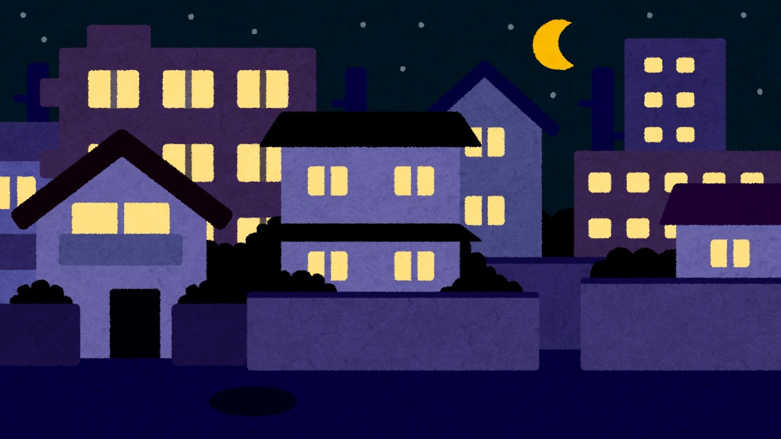 夜の住宅街のイラスト 背景素材 かわいいフリー素材集 いらすとや