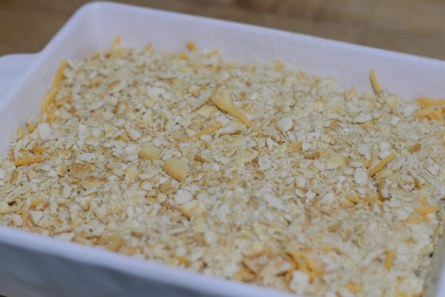 The crumbled ritz crackers sprinkled over the casserole. 