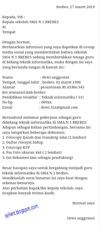 Contoh Surat Lamaran Kerja Guru Tulis Tangan Yang Baik Dan Benar