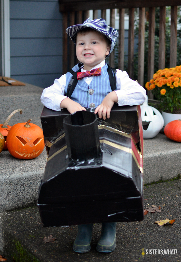 Toddler Hogwarts Express Train Engineer Halloween Costume Made Out Of Cardboard Box Sisters What