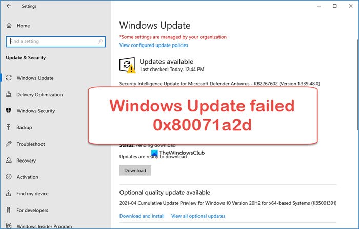 0x80071a2d Windows 업데이트 오류 수정