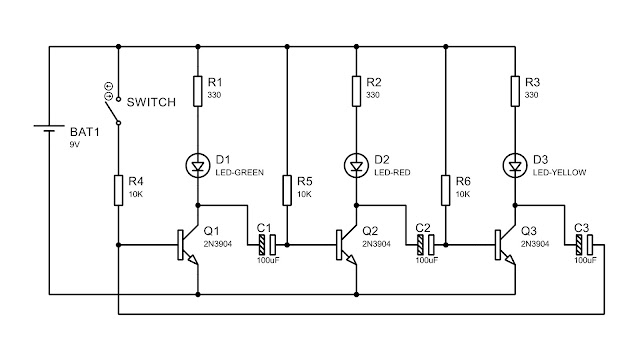 Schematic Drawing of Basic 3 Led Flip Flop Flashing Circuit: