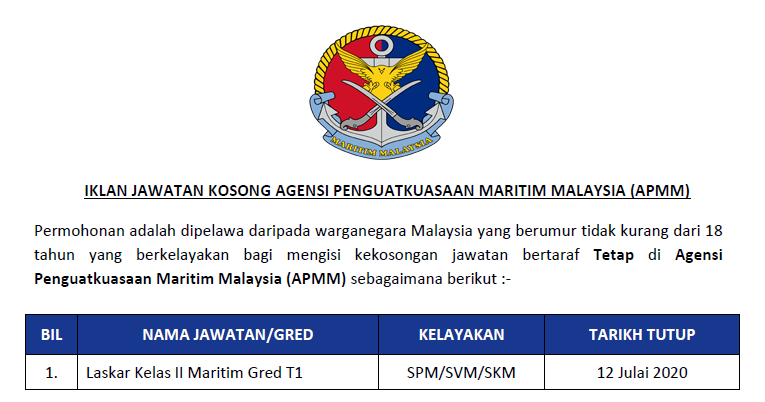 Permohonan Jawatan Kosong di Agensi Penguatkuasaan Maritim 