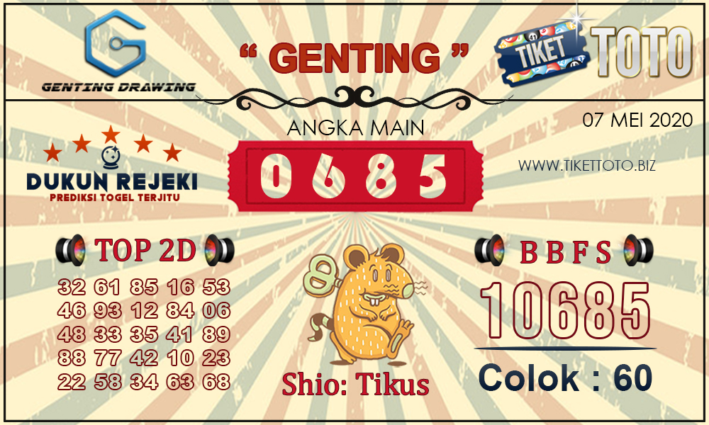 Prediksi Togel GENTING DRAWING TIKETTOTO 07 MEI 2020