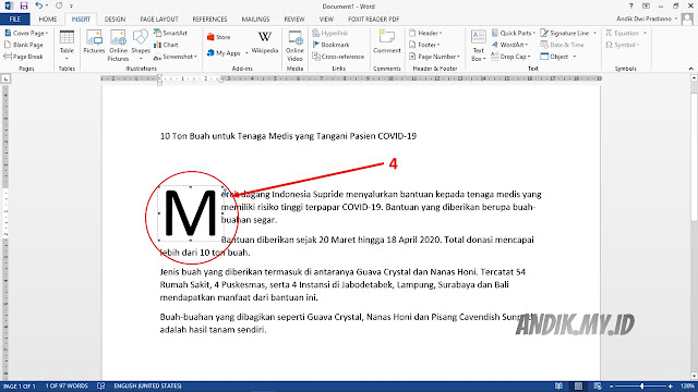 drop cap, membuat huruf besar di awal paragraf, tutorial, microsoft word, microsoft office