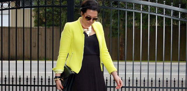 Neon Zara blazer, Laura pleated maxi skirt, French Connection silk tank, Prabal Gurung for Target heels, Loeffler Randall Rider bag