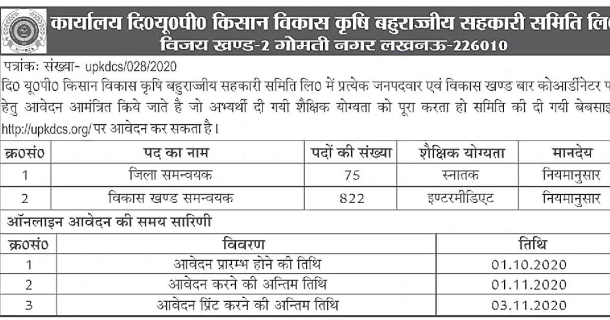 UPKDCS Vikas Khand Block Coordinator Recruitment 2020, District Wise