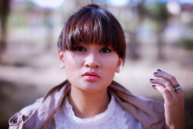 Brunette Messy High Top Bun with Bangs Hair