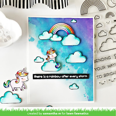 A Rainbow After Every Storm Card by Samantha Mann, Lawn Fawn, Lawn Fawnatics Challenge, Unicorn Picnic, Cards, Handmade Cards, Watercolor, Distress Inks, Clouds #lawnfawn #lawnfawnatics #distressinks #watercolor #unicornpicnic