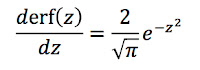 The derivative of the error function equals 2 over pi times the Gaussian function.