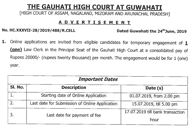 Law Clerk at The Gauhati High Court at Guwahati - last date 15/07/2019