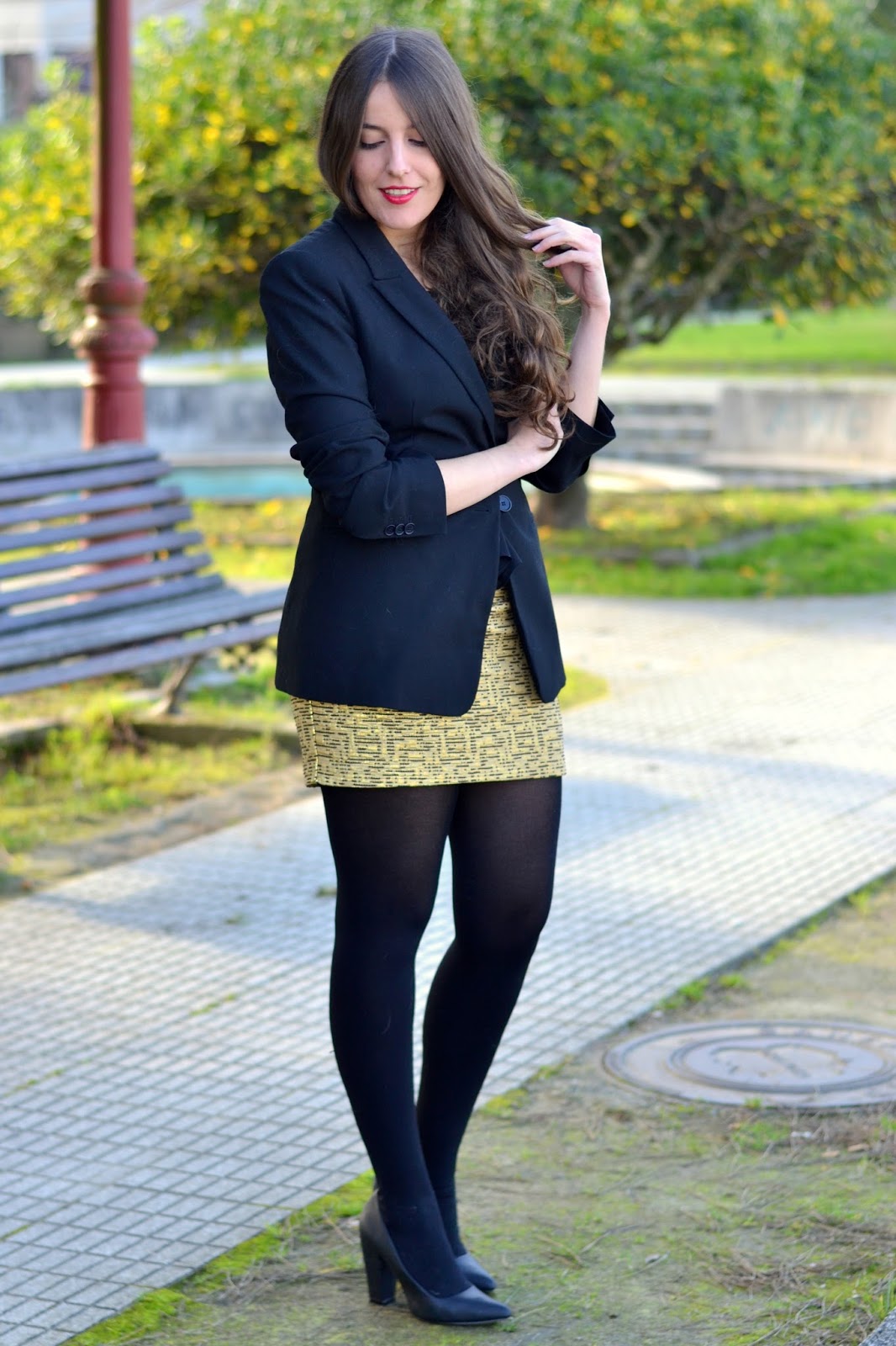Zara black blazer with Mango golden skirt
