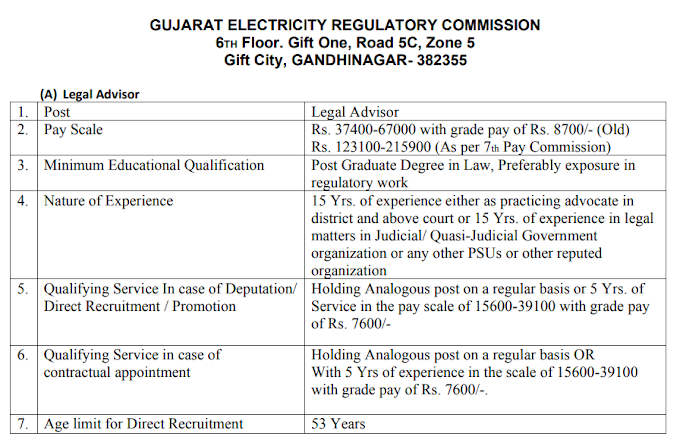 Legal Advisor at Gujarat Electricity Regulatory Commission (GERC) - last date 18/04/2020