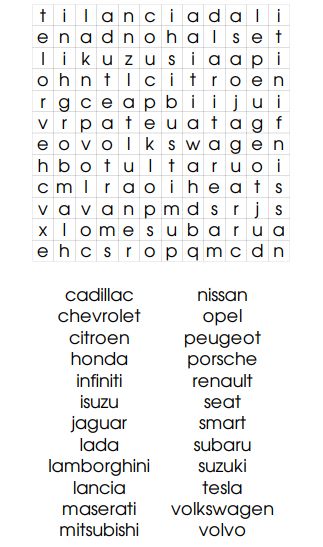 Sopa de letras de marcas de coches para imprimir