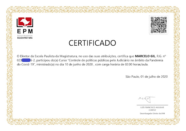 CERTIFICADO CONCEDIDO À MARCELO GIL PELA ESCOLA PAULISTA DA MAGISTRATURA / 2020