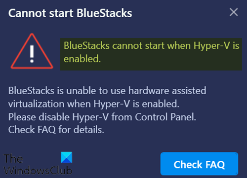 Hyper-V가 활성화되면 BlueStack을 시작할 수 없습니다.