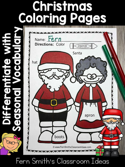 Sixty-Six Christmas Coloring Pages with Differentiated Seasonal Vocabulary Words at TeacherspayTeachers by Fern Smith's Classroom Ideas. Perfect for Pre-k, Kindergarten and First Grade for December.