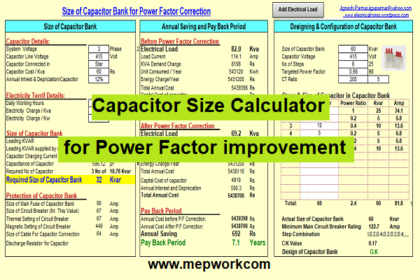 Capacitor Size Calculator for Power Factor improvement (XLS)