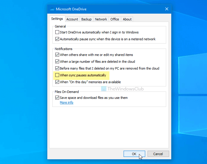 Windows 10에서 OneDrive 자동 동기화 일시 중지 알림을 켜거나 끄는 방법