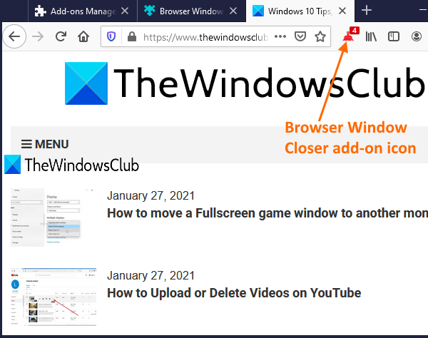 ปิดหน้าต่าง firefox โดยใช้โปรแกรมเสริมของ Browser Window Closer