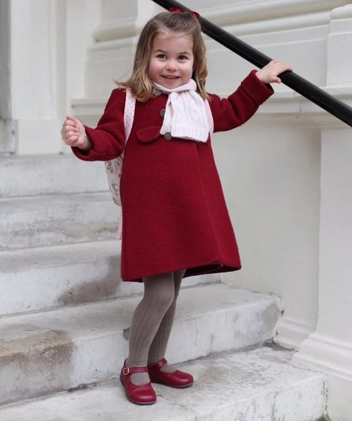 Princess Charlotte wore Amaia Kids Razorbil Coat and Mary Jane Shoes at School. Kate Middleton Duchess