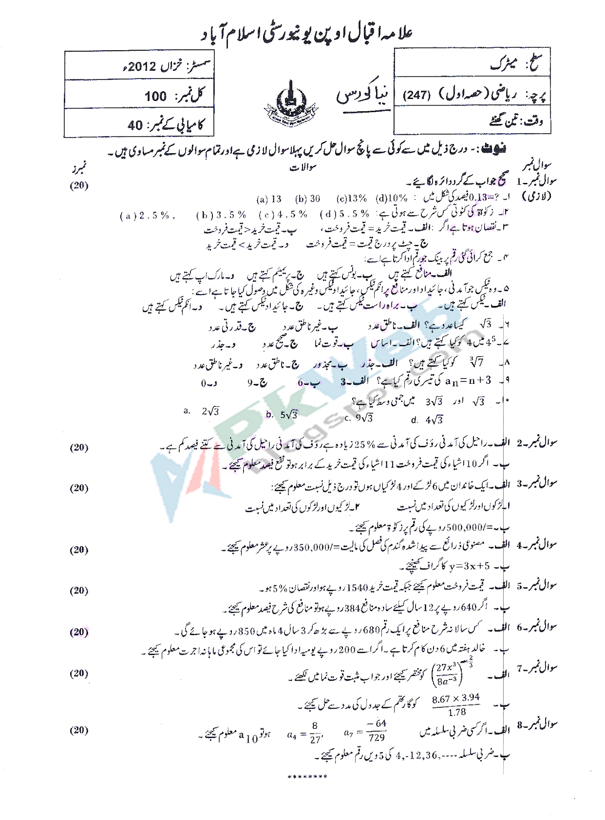 aiou solved assignments matric code 247
