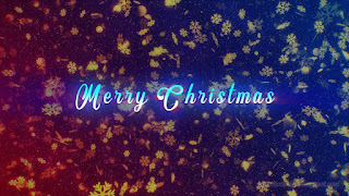 Festive Red And Blue Merry Christmas Greeting With Flying Snowflakes Leaves Circles Confetti And Glitter Grunge Dust In The Air Background