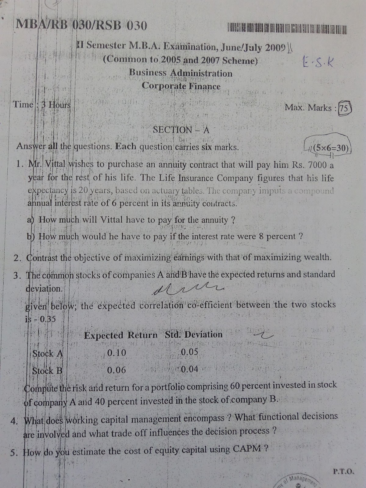 II SEM CORPORATE FINANCE QUESTION PAPERS
