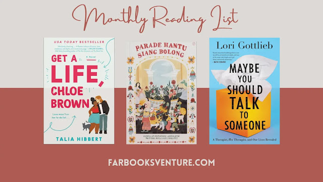 In big title above: Monthly Reading List, in the middle: attached picture of three book covers, in below: farbooksventure[dot]com