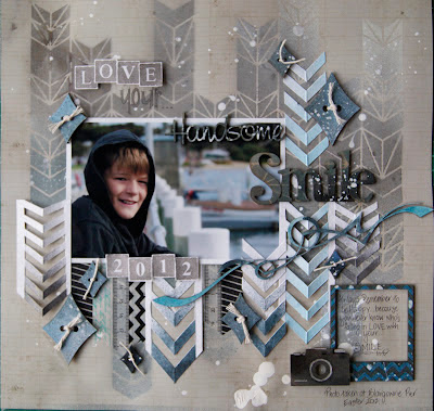 Scrapbook page, Scrap FX chipboard, Boy, chevron, arrows, grey, blue, paint, ink