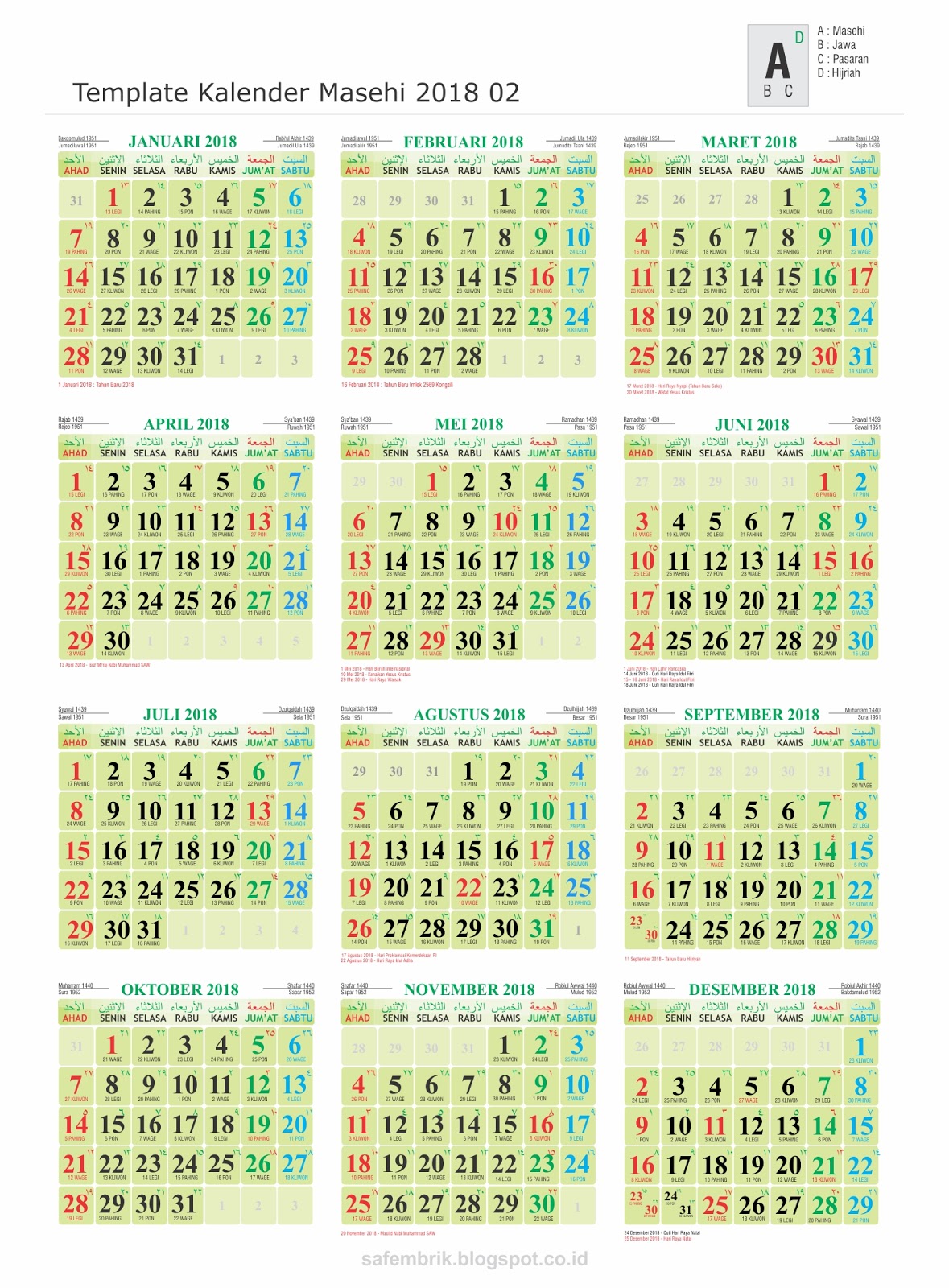 Free Download Template Kalender 2018 Lengkap Jawa dan Hijriyah