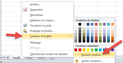 Aucune couleur onglet feuille excel