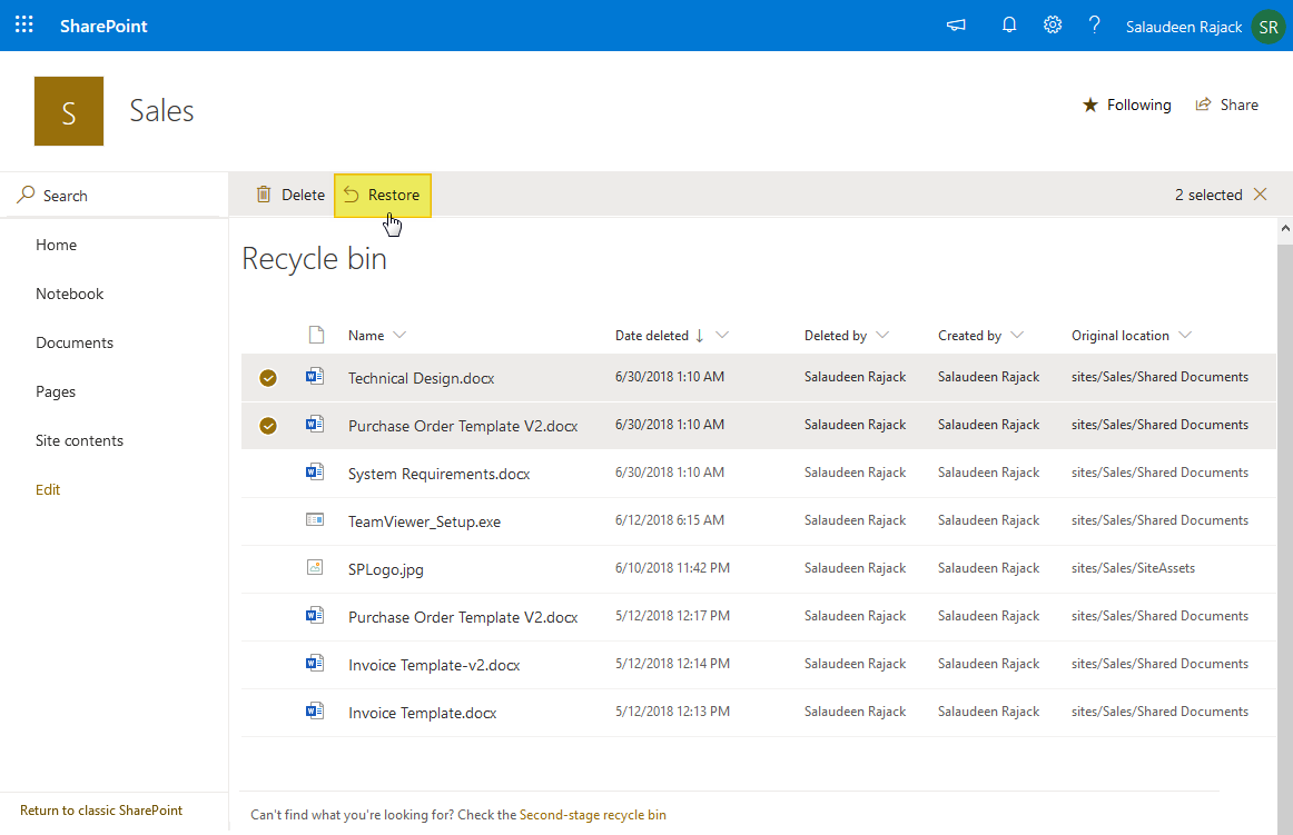 SharePoint Online Restore a Document from the Recycle Bin using